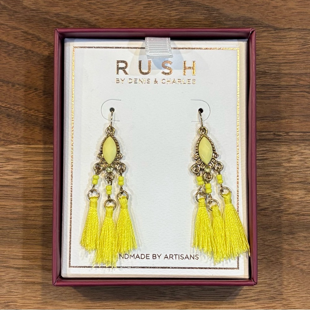 RUSH By Denis & Charles Boho Dangle Yellow Tassel Drop Earrings Handmade NEW
